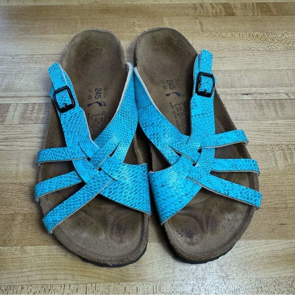 Birkenstock Birkis Sandals Turquoise Snakeskin Cross Size EU 38/245 US 7 Narrow